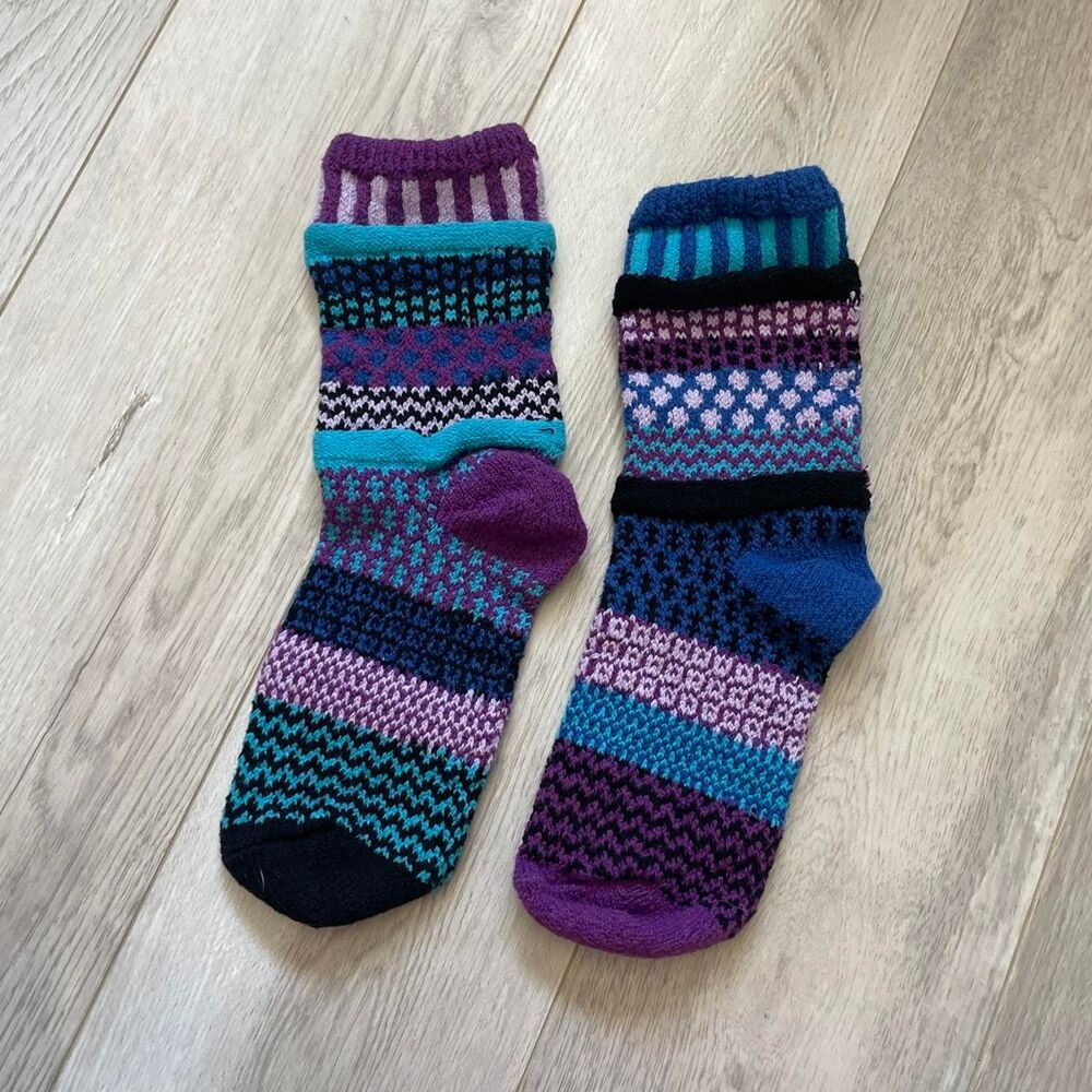 Solmate Socks Knit Crew Socks printed colorful womens Blue Purple (small) winter